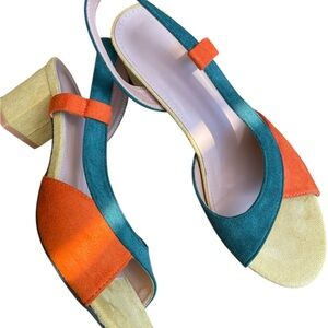 Colorblock Suede Open-Toe Sandals in Green, Orange & Yellow US Size 9